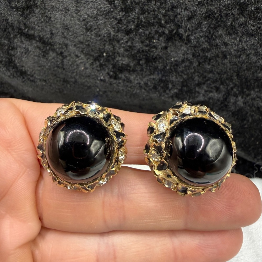Vintage Kafin Clip On Earrings Black Gold Rhinestone Enamel Floral Signed